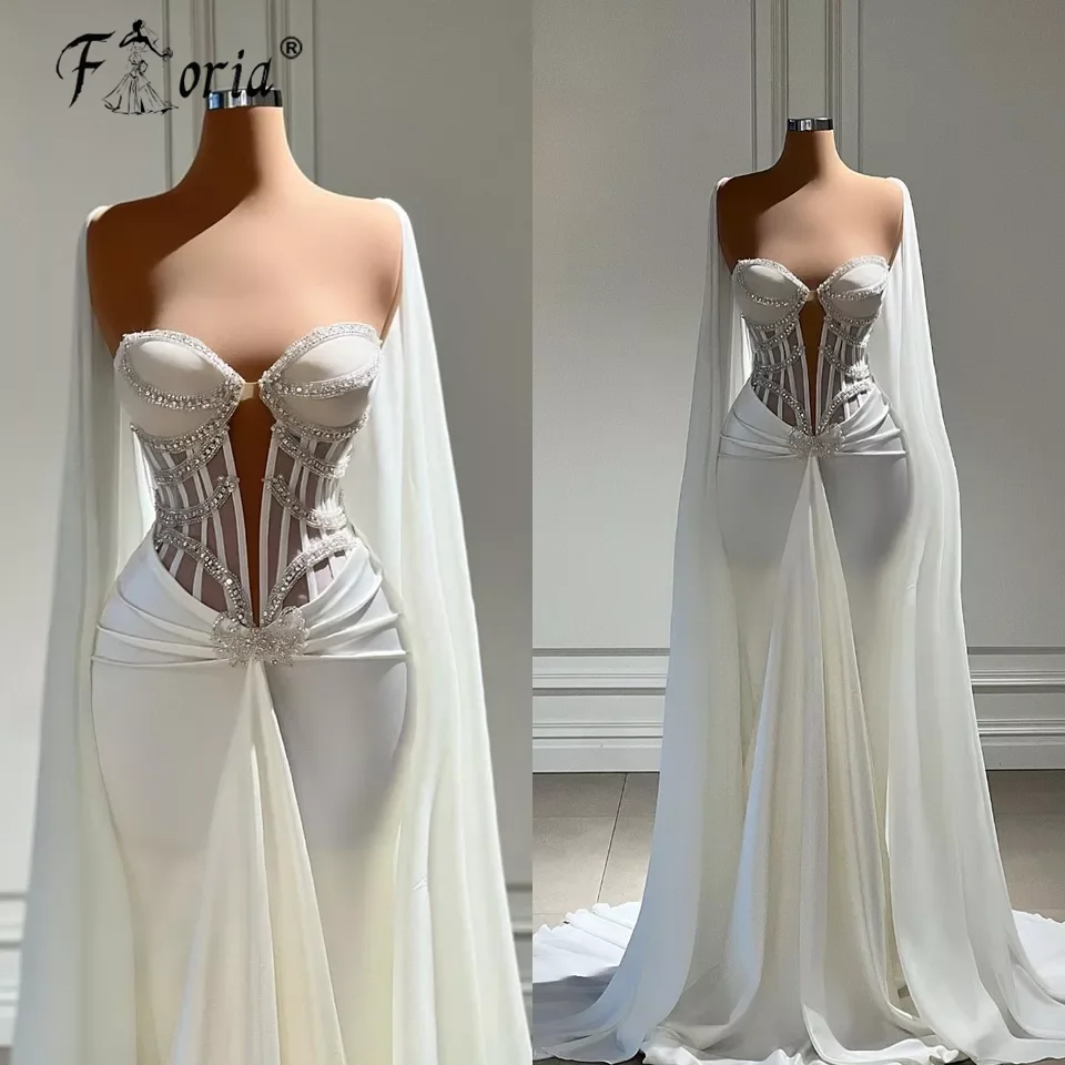 

Роскошные свадебные платья белого/цвета слоновой кости, атласное свадебное платье-Русалка с длинной накидкой, обручальное платье с бисером, свадебное платье