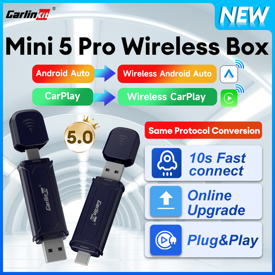 New Mini 5 Pro CarlinKit 5.0 Android Auto CarPlay 2In1 Wireless Adapter Online Upgrade BT WiFi Auto Connect CarPlay Smart Ai Box