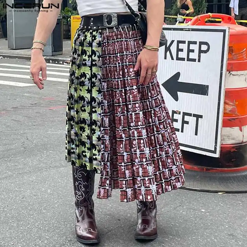 

INCERUN 2023 Men Skirt Print Patchwork Elastic Waist Pleated Streetwear Casual Men Bottoms Personality Fashion Irregular Skirts