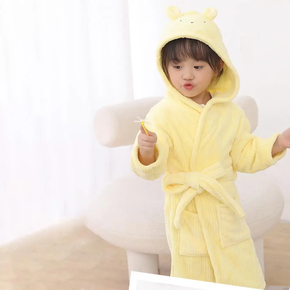 Kids Hooded Bathrobe Belted Pocket Thick Soft Water Absorbent Boys Girls Toddlers Robe Flannel Pajamas Sleepwear Homewear