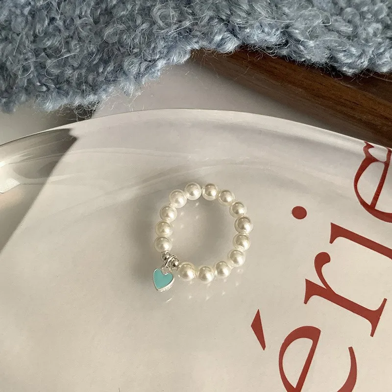 Cute Sweet Elastic Pearl Chain Ring for Women Tiny Simple Love Heart Pendant Rings Jewelry Gifts