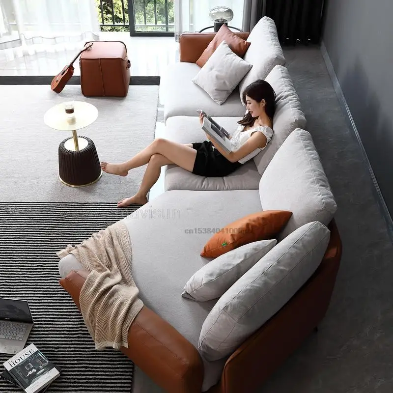 Light Luxury High-End Living Room Fabric Curved Sofa Italian Minimalist Corner Chaise Lounge L-Shaped Sofa Combination Furniture