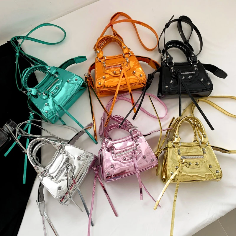 Female PU Patent Leather Long Zipper Personalized Handbag Locomotive Style Crossbody Bag Trend Fashion Shoulder Bag