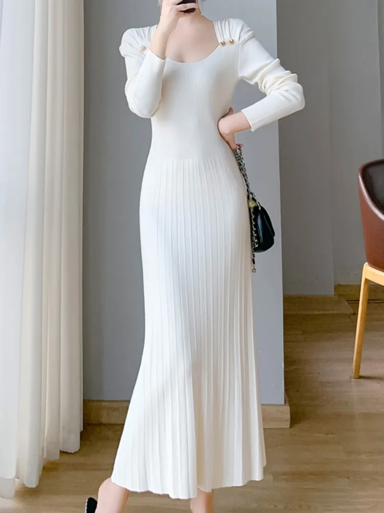 

Fashion Solid New Women Knitted Sweater Dress Long Sleeve Casual A-Line Chic Birthday Party Vestidos Female Vintage Robe Mujers