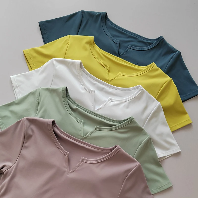 V-neck Tie Breast Pad Yoga Suit Short Sleeve Women's Gym Summer Slim Training Fitness Top Quick Dry Running T-shirt Clothing sports t shirt yoga top yoga shirt sports shirt yoga suit