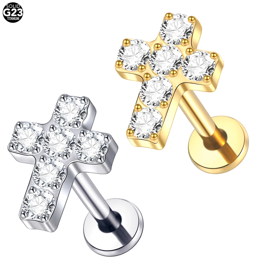 

1PC Titanium Labret Lip Monroe Piercings Gold Plated Cross CZ Crystal Tragus Helix Earring Cartilage Piercing Women Jewelry 16G