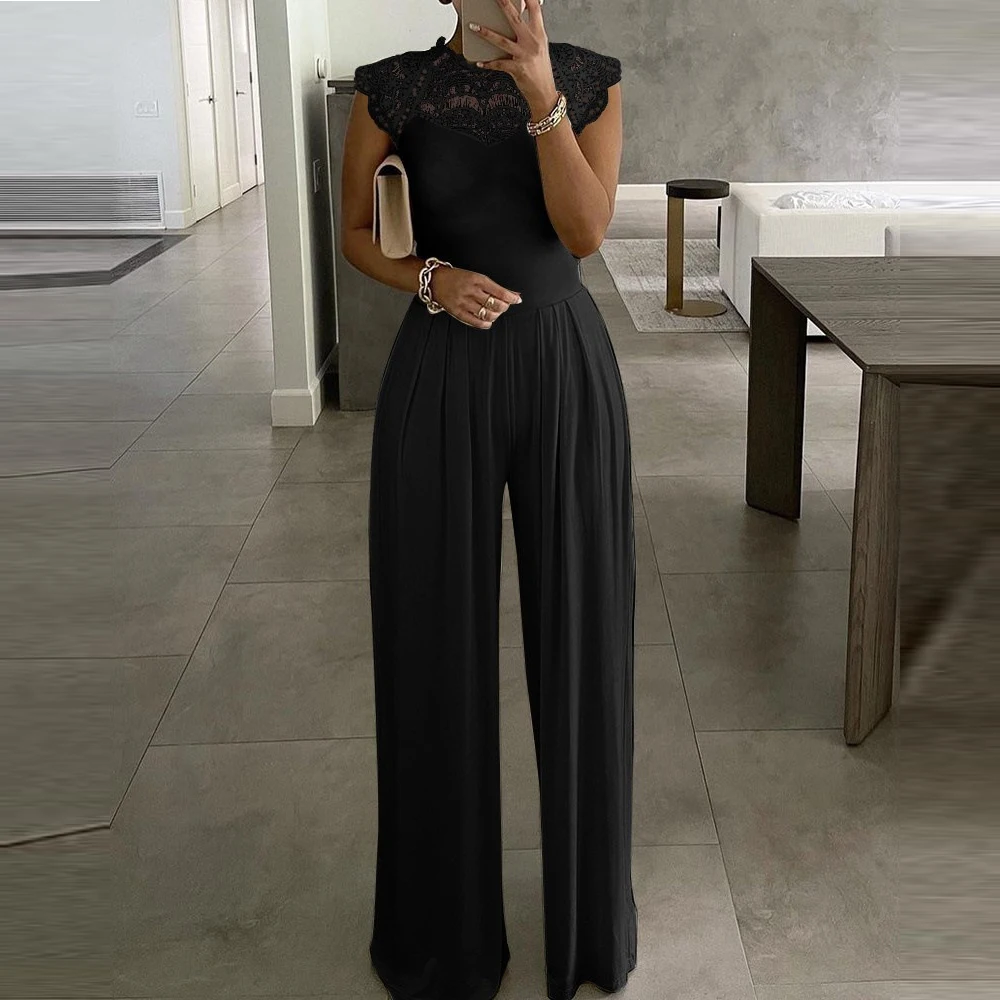 Solid Color Jumpsuit Women Elegant Embroidery Lace Sleeveless Rompers Fashion Party Night Evening Jumpsuit High Waist Clothing