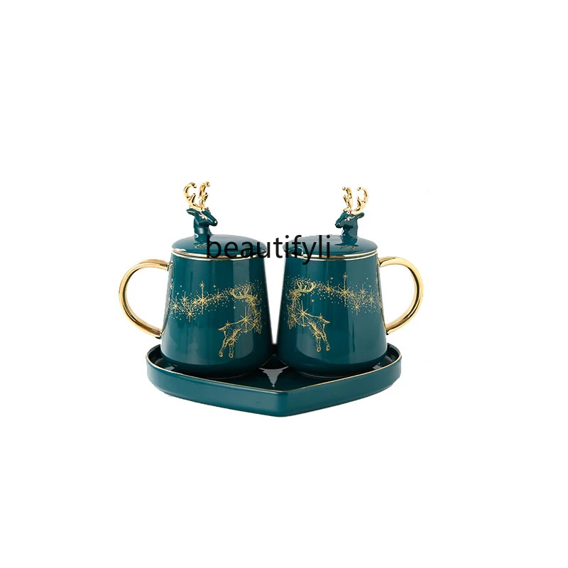 

yj Light Luxury Nordic Style Mug Ins Christmas Cup with Spoon Lid Creative Personalized Trend Couple Ceramic Coffee Cup