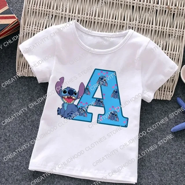 thumbnail image 1 of Camiseta de algodón para niños con letras ABCD y puntada blanca, camiseta con combinación de nombres para bebé, camiseta de dibujos animados Kawaii para niño y niña, top informal estilo Harajuku, 1 of 5