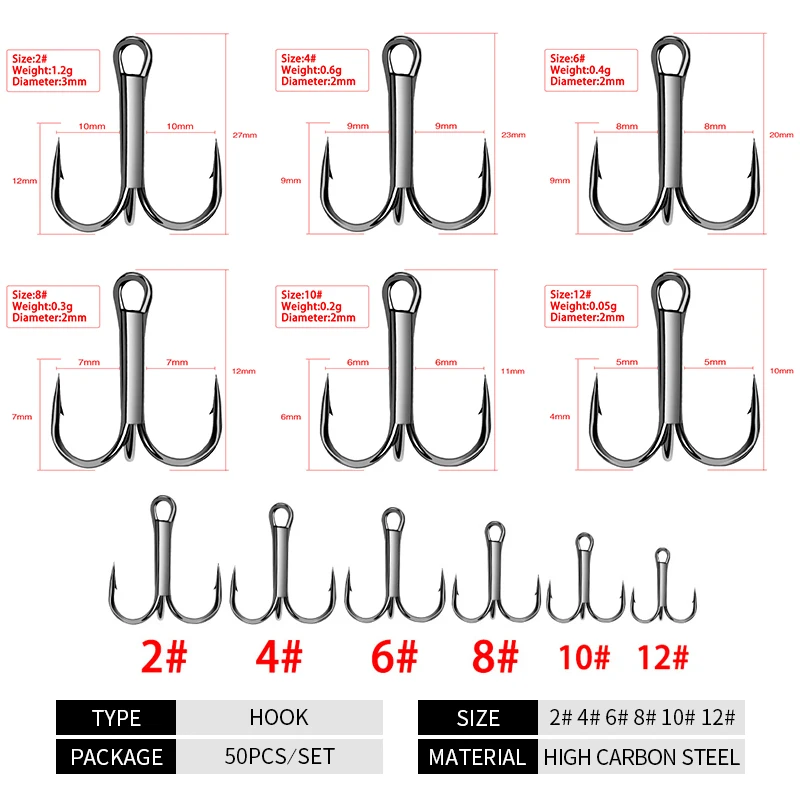 Shawto 50pcs/Lot Treble Fishing Hook Set In Box High Carbon Steel Barbed Hooks Fishing Tackle Black FishHook Fishing Tackle Tool 3