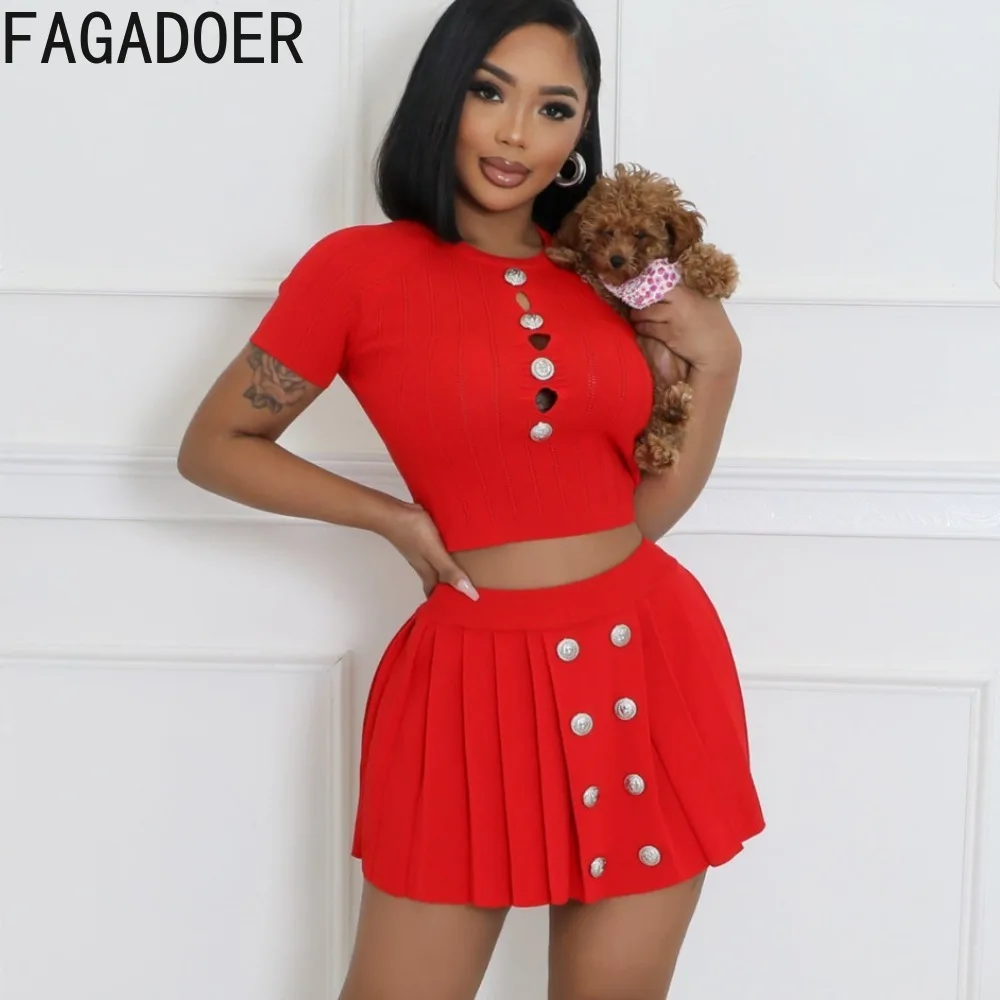 FAGADOER Fashion Streetwear Women Hollow Knitting Round Neck Short Sleeve Crop Top And Pleated Mini Skirts Two Piece Sets 2024