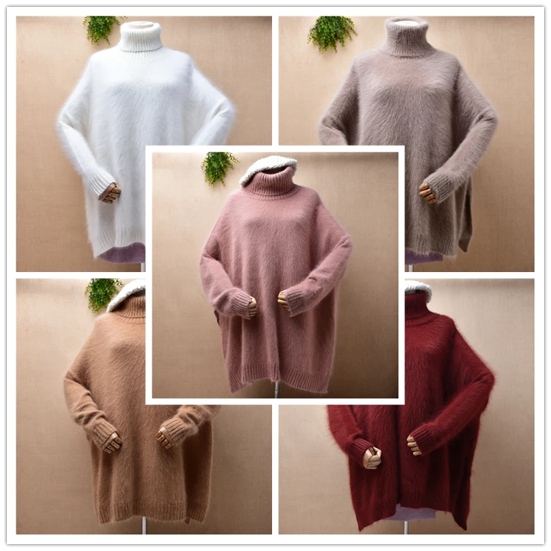 

Female Women Spring Winter Clothing Hairy Angora Rabbit Hair Knitwear Long Sleeves Turtleneck Loose Pullover Jumper Sweater Pull