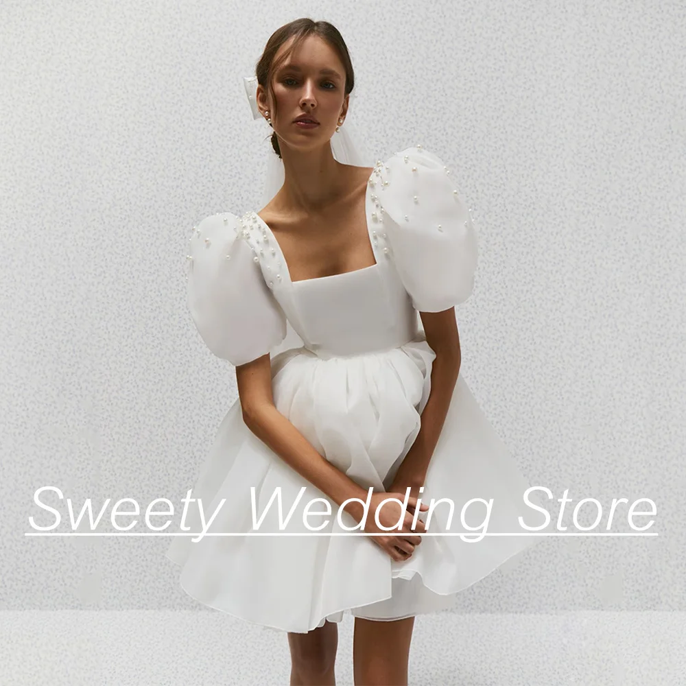 Short Princess Wedding Dress Puff Sleeve Square Neck Pearls Organza Bridal Gown Mini Civil Bride Dresses Lace-up Back