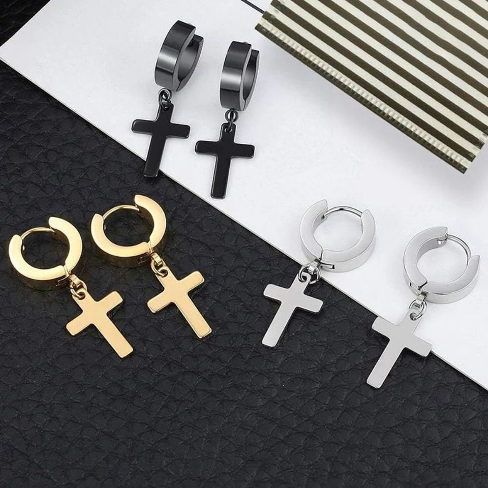 2pcs Cross Piercing Earrings Dangle Hinged Earrings Stainless Steel Cross Hoop Earrings Cross Ear Buckle Unisex Hip Hop Jewelry