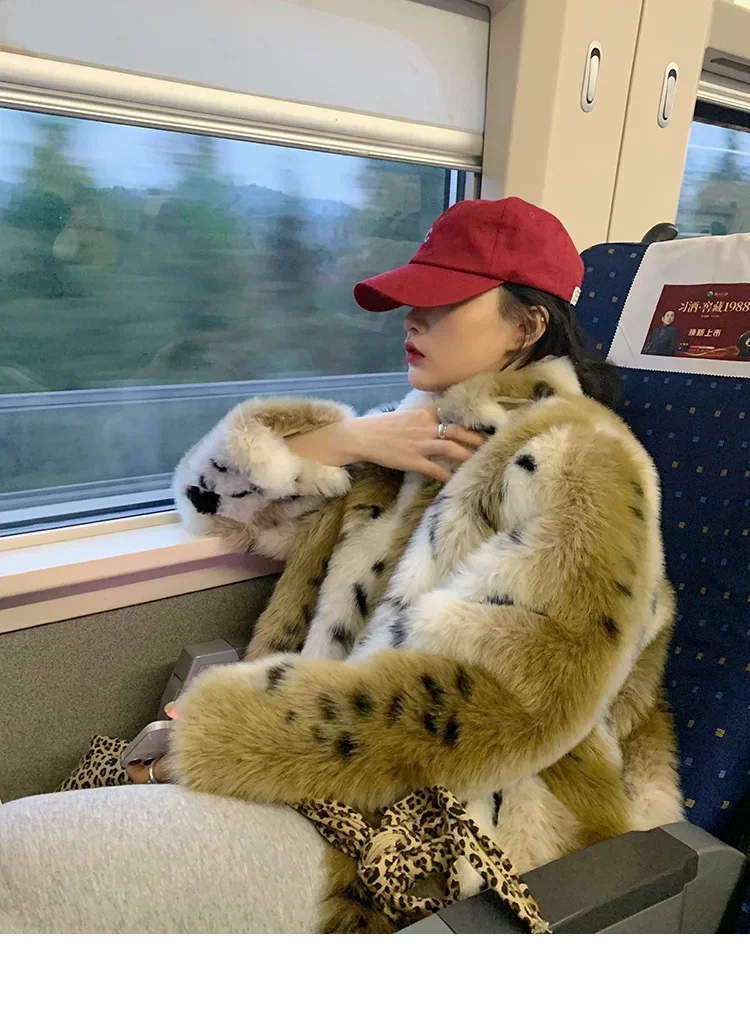 Faux Fur Coat Winter Cotton Clothes Thick Medium Length Leopard Printed Plush Jackets for Women Thick Warm Fur Casual Outerwear