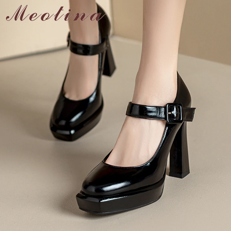 

Meotina Women Genuine Leather Mary Janes Pumps Round Toe Platform Thick High Heels Buckle Ladies Fashion Shoes Spring Autumn 41