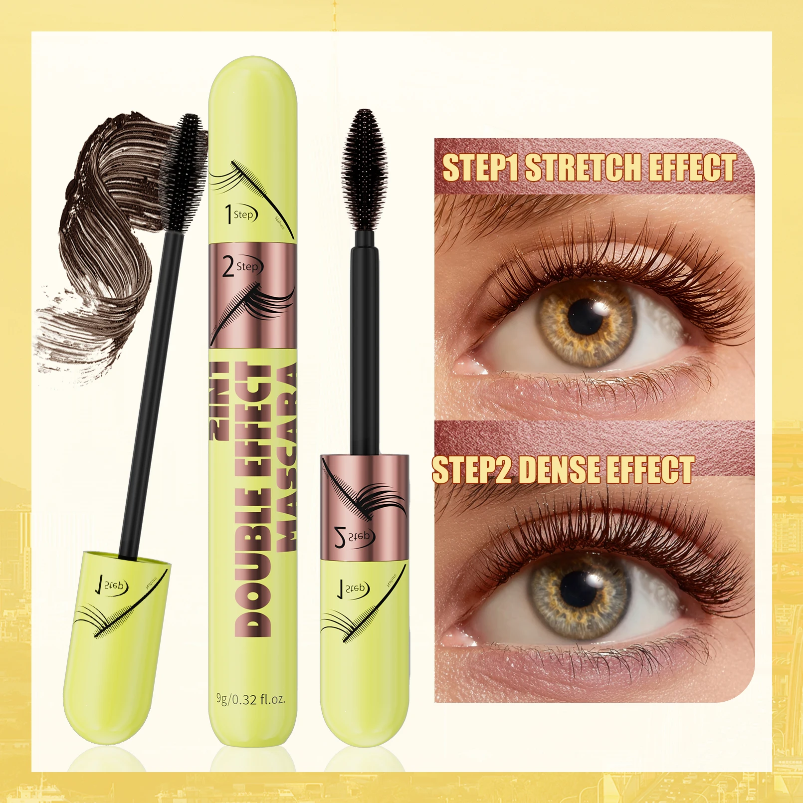 Waterproof Dual Brush Brown Mascara - Smudge-Proof and Clump-Free Formula for Lengthened Lashes