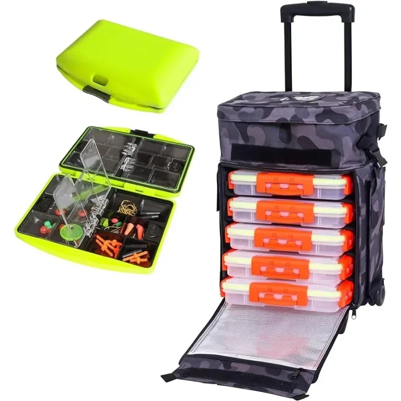 

Fishing Tackle Box with Rolling Wheels, 5 Heavy-Duty Plastic Lure Boxes, 4 Rod Holders, Padded Storage Compartment