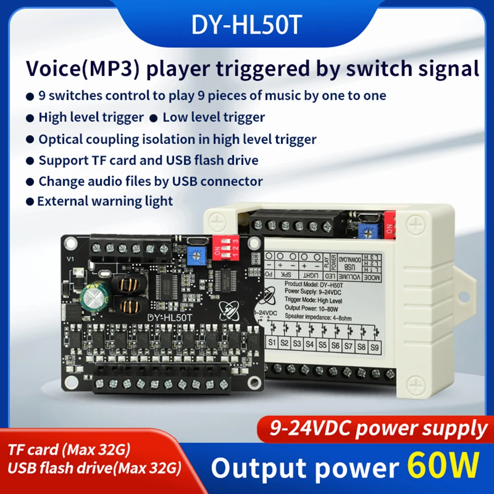 

DC9-24V 60W power voice broadcasting prompt module high and low level trigger one-on-one MP3 playback TF card USB drive