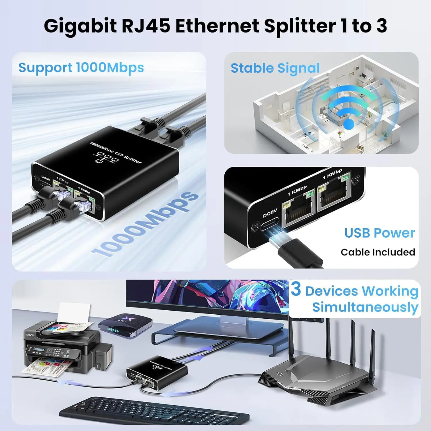TEROW 기가비트 이더넷 어댑터, 인터넷 네트워크 케이블 확장기, PC 노트북 TV 박스용, 1000Mbps LAN 커넥터, 1-3 Rj45 분배기