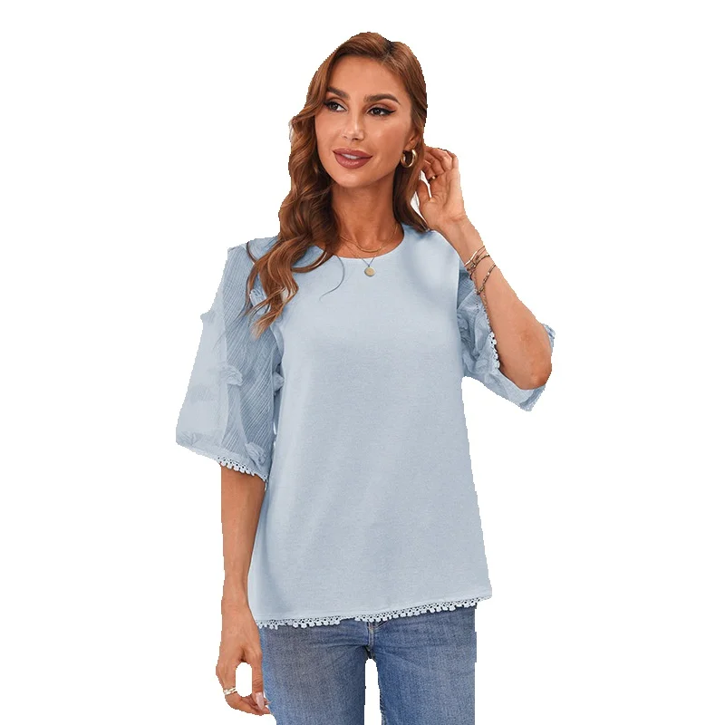 

Летняя новая однотонная кружевная шифоновая рубашка Женский пуловер с круглым вырезом Свободный Топ средней длины с рукавом 2514518