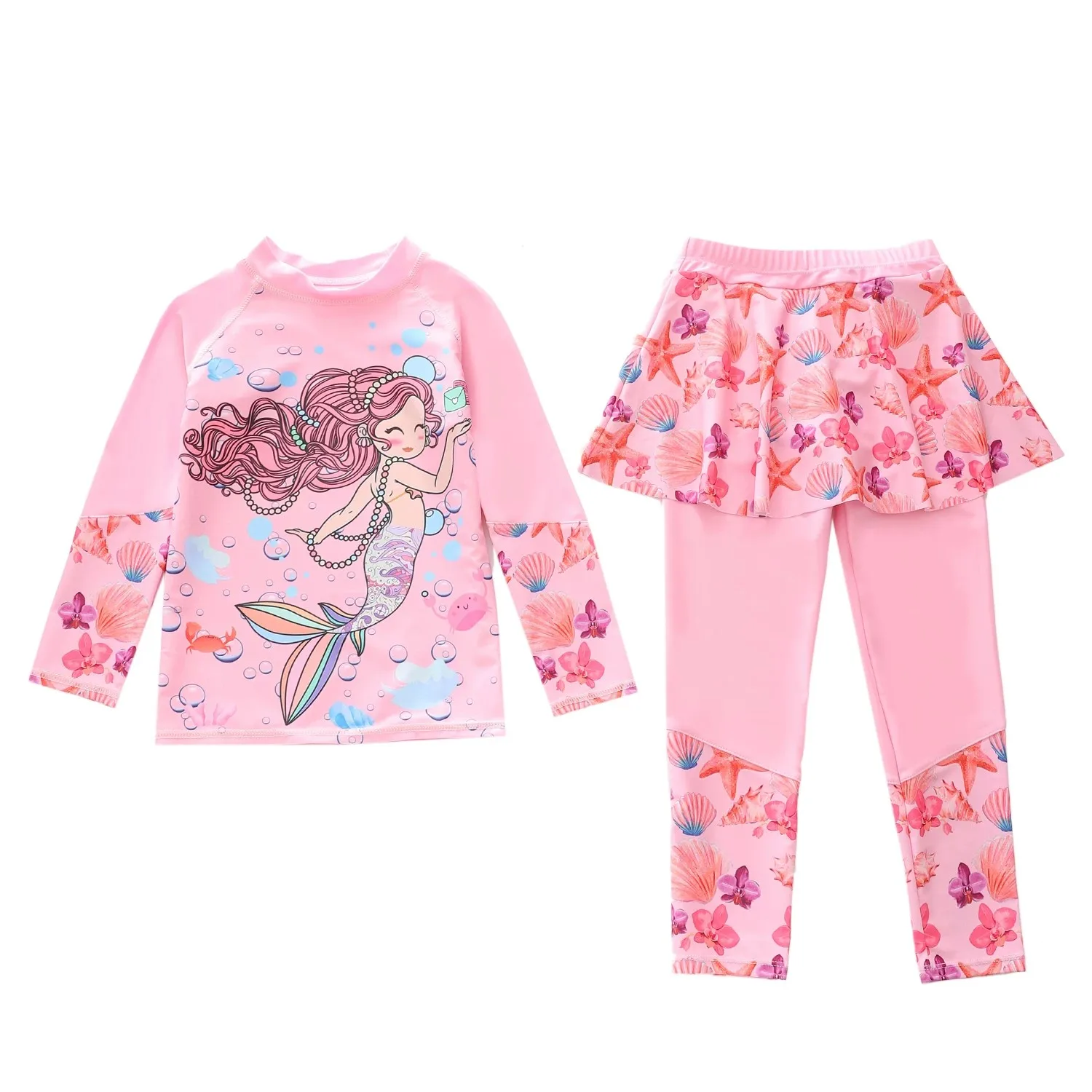 Children's Swimming Suit Girls' Two-Piece Long Sleeve Swimwear Rainbow Unicorn Pants Skirt Fast Drying Fitness Swimming Costume - 5
