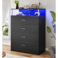 Dresser for Bedroom with Column Design, 4 Drawer Dresser with Charging Station, Modern Bedroom Led Tall Black Dresser for Bedro 1