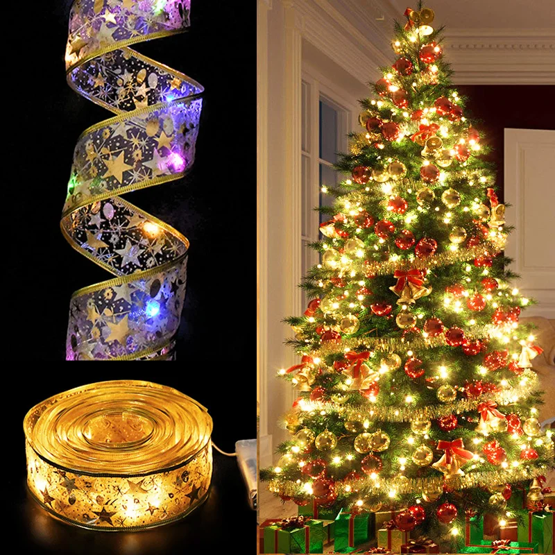 

Christmas Decoration LED Ribbon Lights Christmas Tree Ornaments DIY Lace Bows String Lights Navidad Home Decors New Year