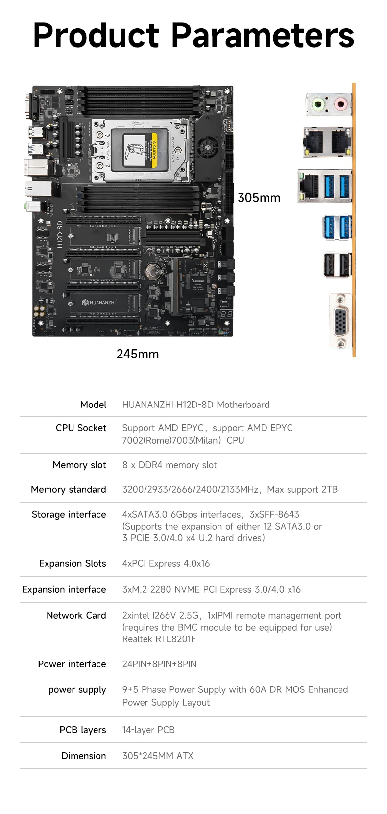 HUANANZHI H12D 8D AMD  Motherboard with BMC module support AMD EPYC 7002 7003 series CPU 8 channel memory Dual 2.5G network