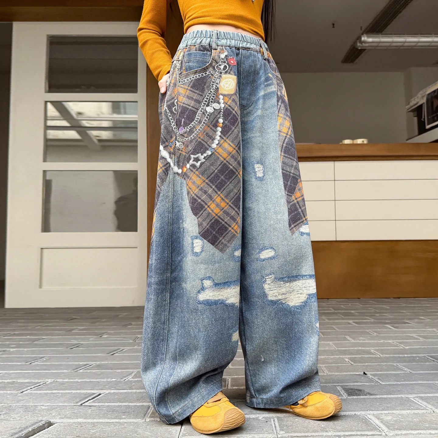 루즈핏 아동용 하이 재즈 힙합 스트릿 댄스 프린트 청바지, 십대 소녀 패션 힙합 데님 팬츠, 키즈 무대용 바지