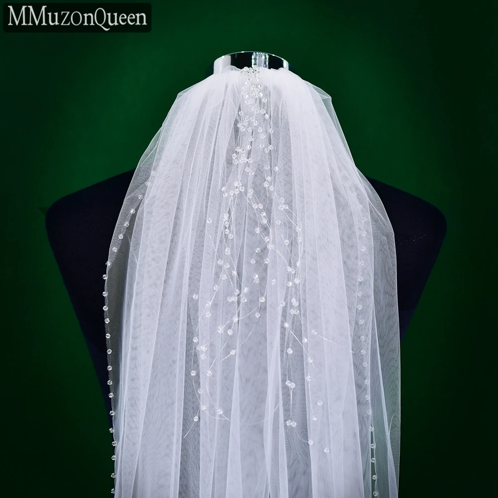 MMQ M20 Crystal Edge Wedding Veil with Comb White Soft Tulle Yarn 1 Tier Fingertip Length Tassel Bridal Veil