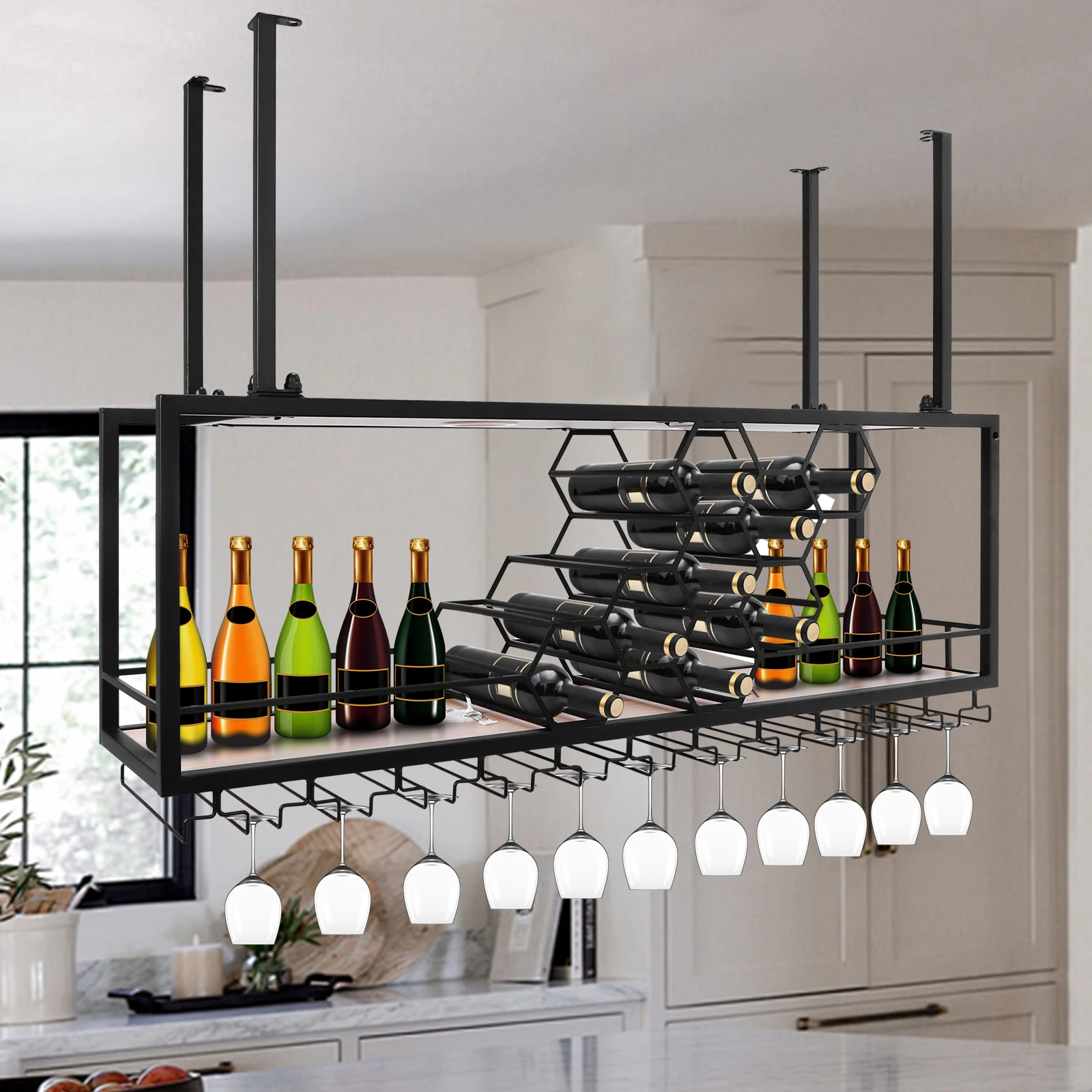 Metal Hanging Wine Rack with Honeycomb Design for Kitchen