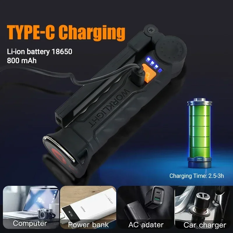 Portable Work Light COB LED Flashlight USB Rechargeable Magnetic Lanterna Hanging Lamp Built-in Battery Camping Torch
