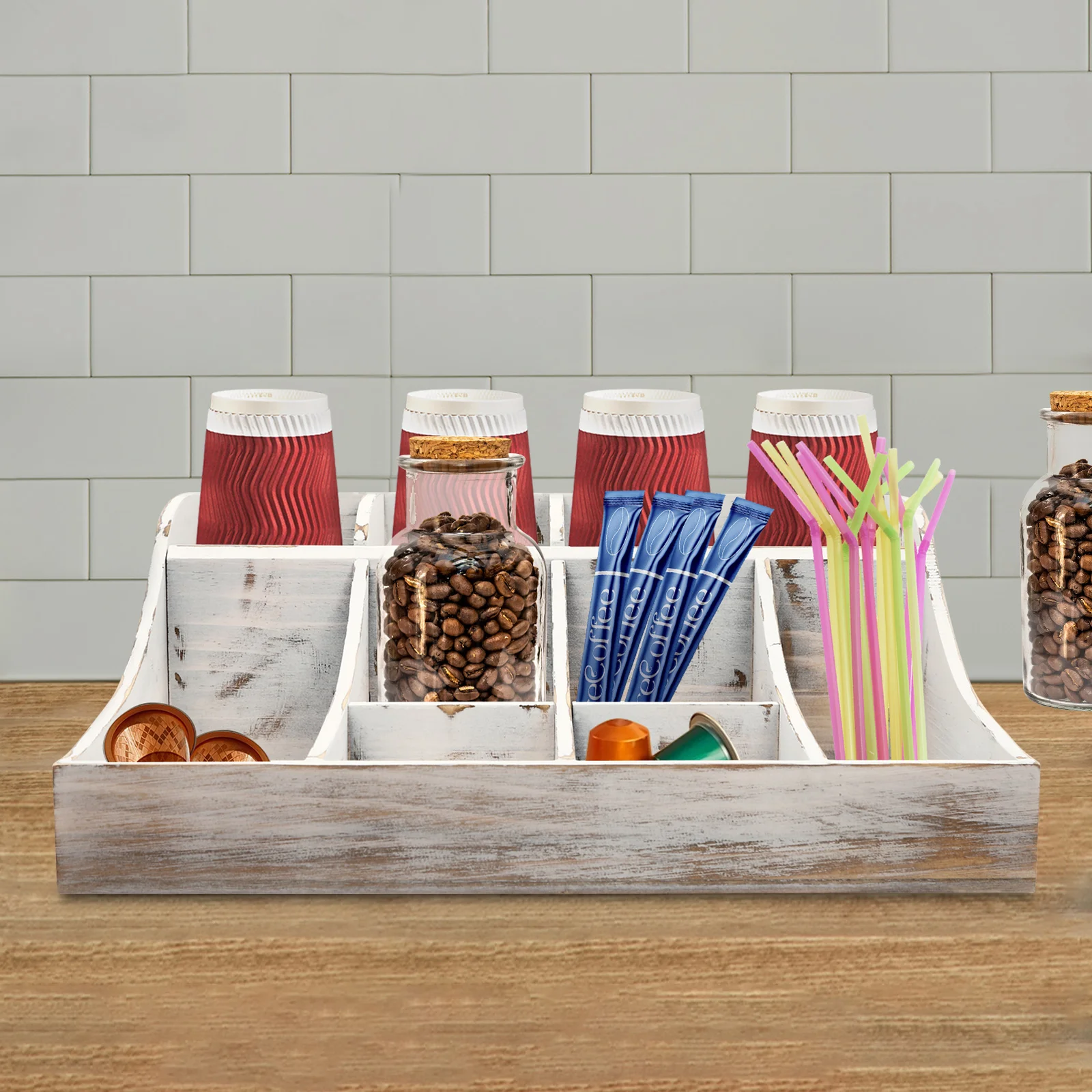 9 Compartment Wooden Spice Rack Organizer, White Countertop Storage for Kitchen, Modern Design, Space-Saving Condiment Holder