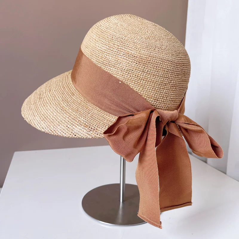 

High quality handmade raffia crochet fisherman hat Women's outdoor sun block straw hat Hepburn wind streamer shade basin hat