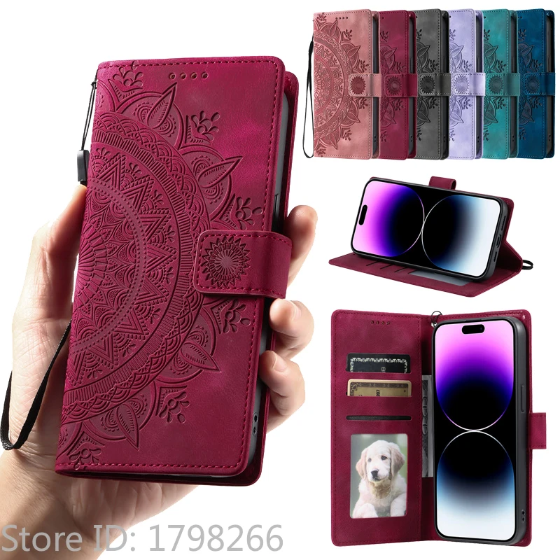 Embossed Leather Flip Wallet Phone Case with Totem Design