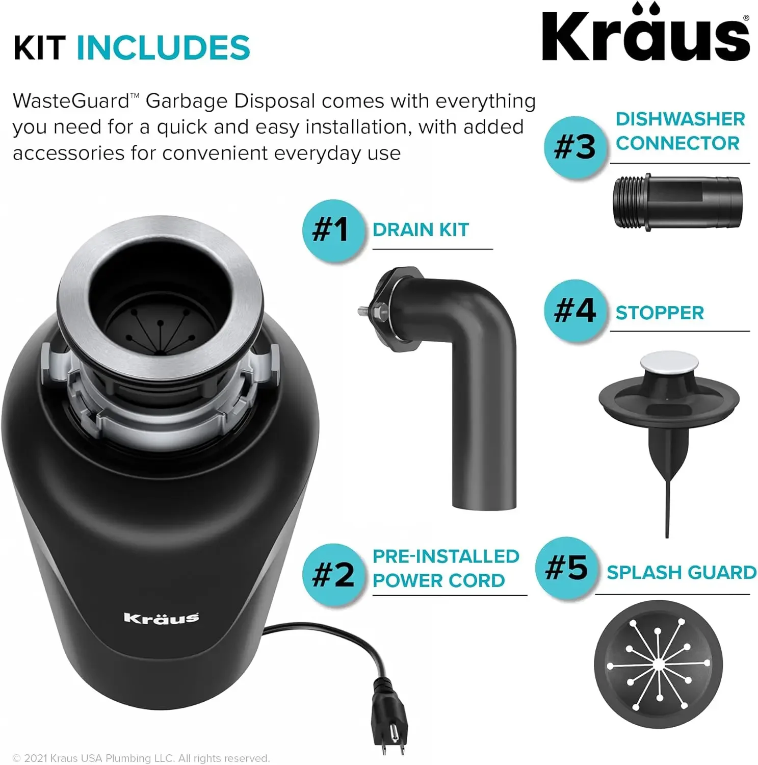 Continuous Feed Garbage Disposal with 3/4 HP Ultra-Quiet Motor for Kitchen Sinks with Power Cord and Flange Inc 3