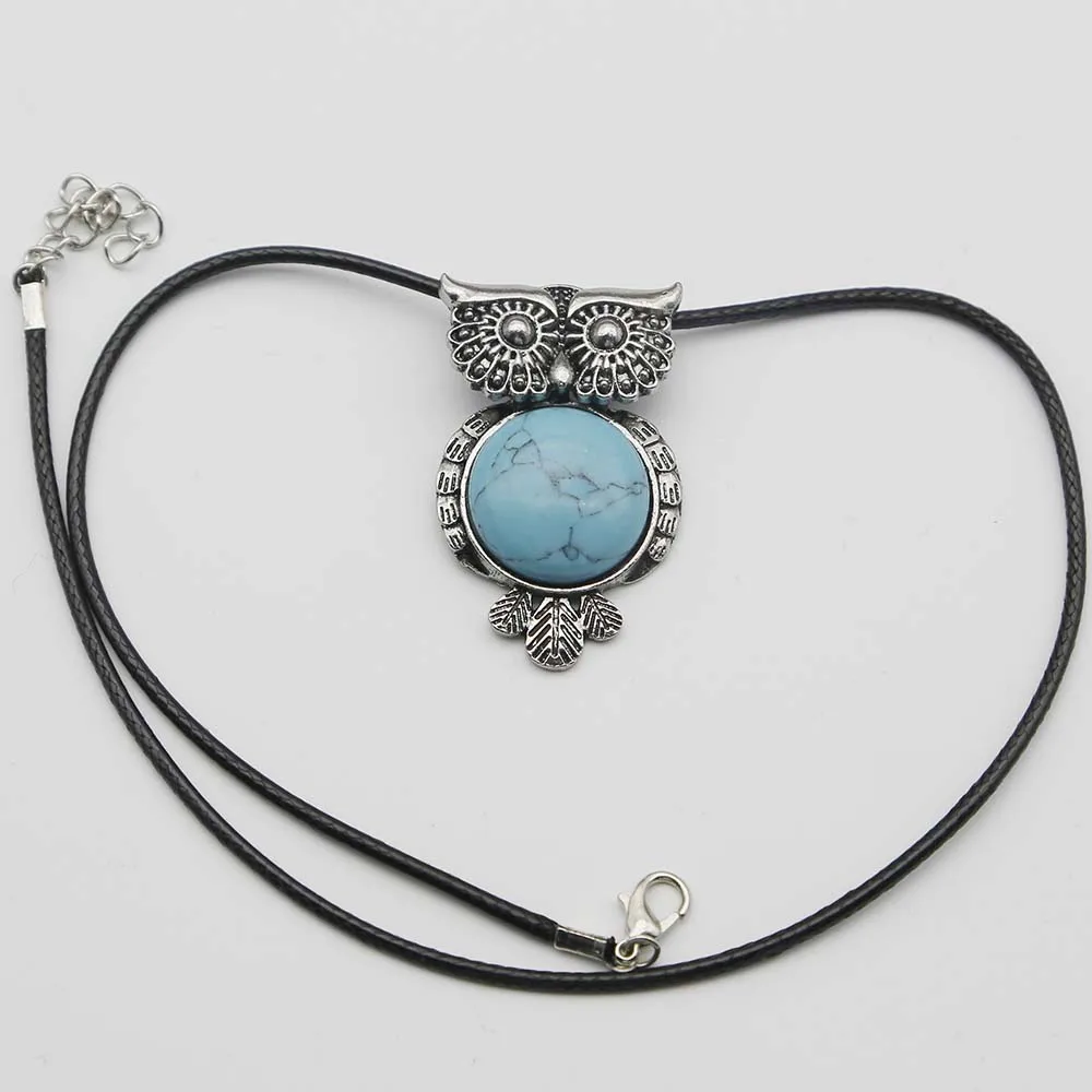 Natural Semi Precious Stone Vintage Copper Plated Owl Cute Pendant Leather Rope Necklace Charm DIY Jewelry Making Wholesale 8Pcs