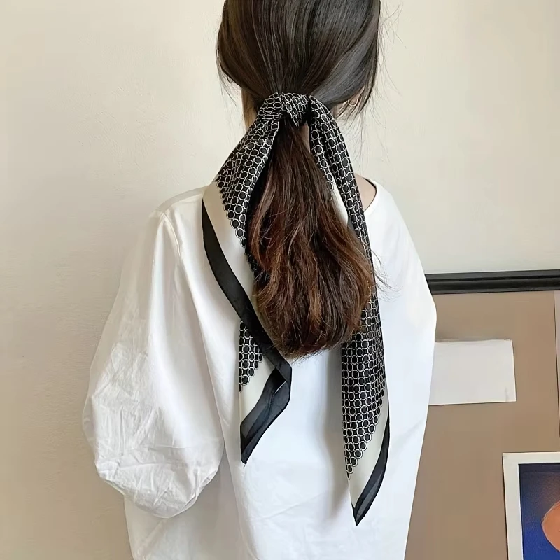 New Elegant Soft Satin Square Scarf For Women Stylish Round Ring Print Versatile Bandana Elegant Style Sunscreen Headscarf 4