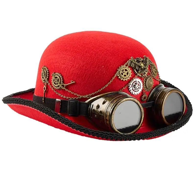 A52E Steampunk-Themen-Zylinder mit abnehmbarer Schutzbrille, Metallic-Getriebe-Design, hoher Wollhut für Kostümparty – Detail 10
