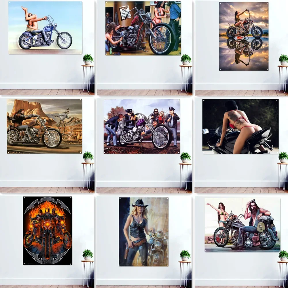 

Easy Rider Motorcycle Posters Tapestry Sexy Girls Tattoo Art Flag Banner Wall Painting Garage Man Cave Home Wall Decor Sticker