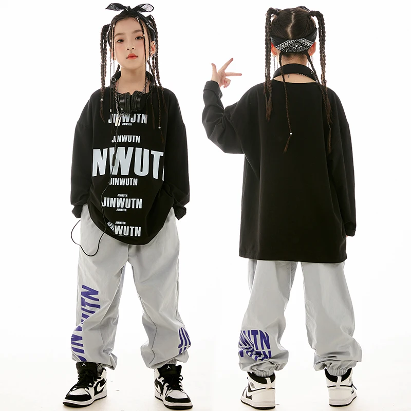 

2023 New Hip Hop Dancing Clothes Loose Black Sweatshirt Sports Pants Suit Girls Jazz Dancing Outfits Boys Streetwear DN16111