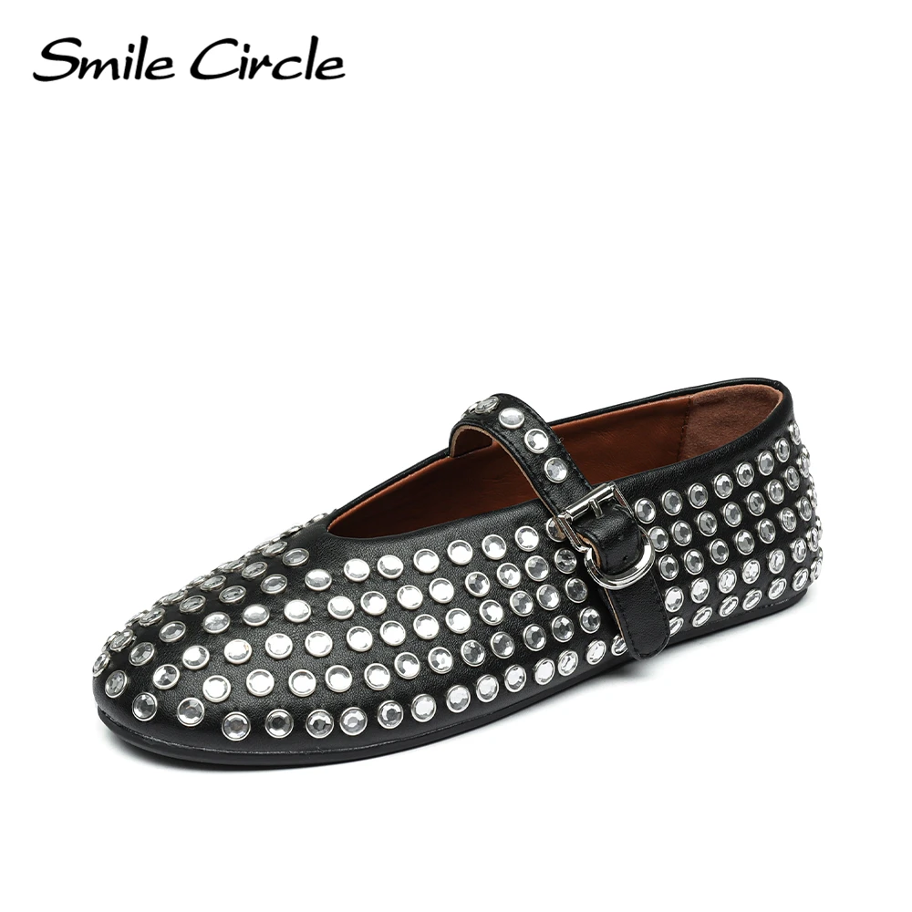 Smile Circle Women Ballet Flats in Strass Lambskin Bling Mary Jane lady Fashion Leather Flat Shoes