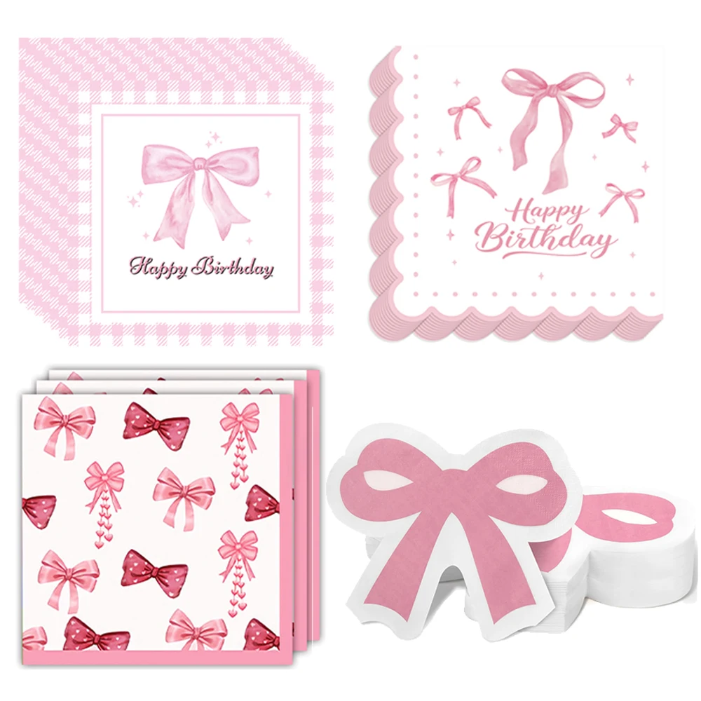 Pink Bow Theme Disposable Paper Napkins - 20pcs for Birthdays, Baby Showers, and Weddings