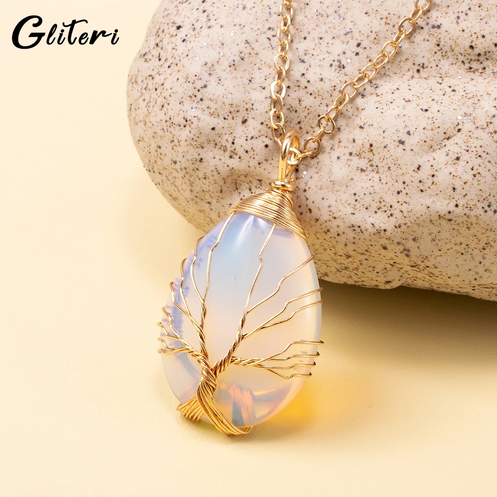

GEITERI Water Drop Tree Of Life Pendant Necklaces For Women Girls Natural Stones Crystal Opal Choker Jewelry Birthday Gifts Hot