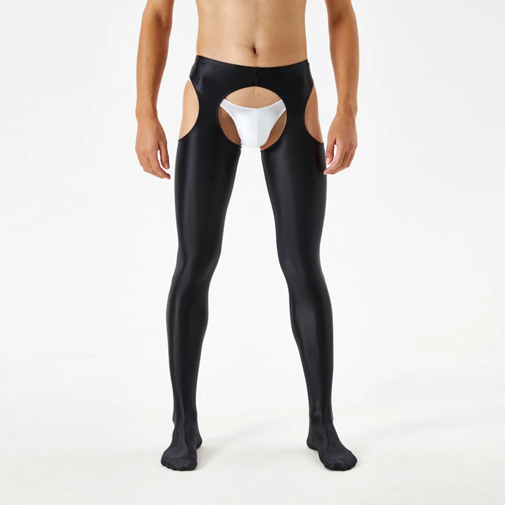 Men Women Sexy Sheer Oil Shiny Glossy Tights Leggings 4 Side Cutout Jumpsuit Crotchless Exposed Cock Open Butt Pantyhose Wetlook
