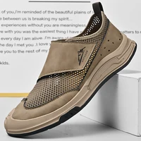 Handmade Leather Men's Slip on Shoes Outdoor Casual Loafers Moccasins Soft-Soled Walking Mesh Shoes Non-Slip Male Driving Shoes 1