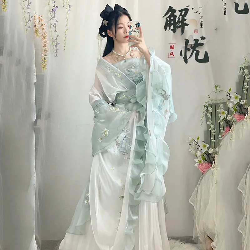 Spring Chinese Hanfu Dress Women Ancient Traditional Embroidered Hanfu Set Carnival Fairy Cosplay Costume Green Hanfu Prom Dress