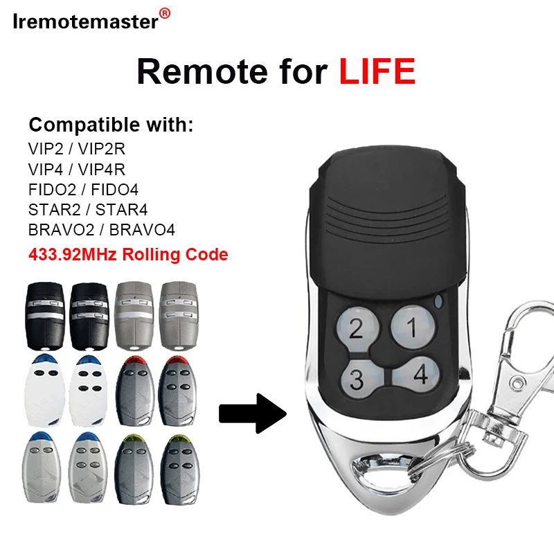 

For LIFE FIDO2 FIDO4 VIP2 VIP2R VIP4 VIP4R STAR2 STAR4 BRAVO2 BRAVO4 Garage Door Remote Control 433.92MHz Rolling Code