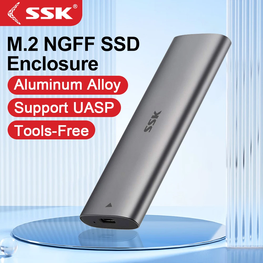 SSK Aluminum M.2 SATA SSD Enclosure Type-C External SSD Adapter Tool-Free Support UASP Trim for M.2 NGFF B Key/B + M Key PC Case